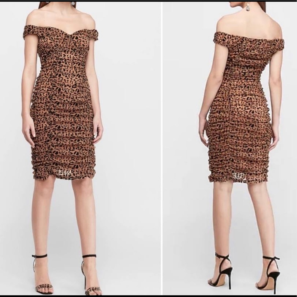Leopard Print Ruched Off Shoulder Dress